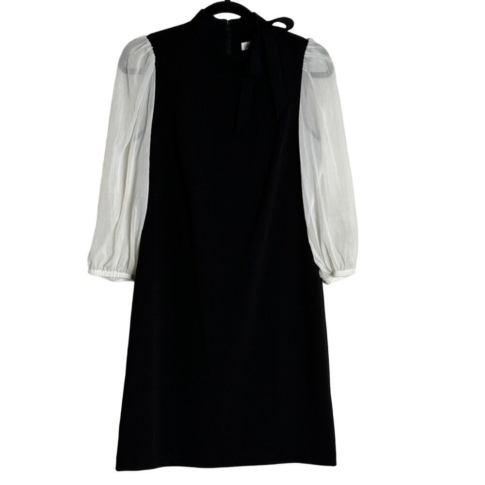 Calvin Klein Long 3/4 Ballon Sleeve Bow Tie Dress Black White Size 6